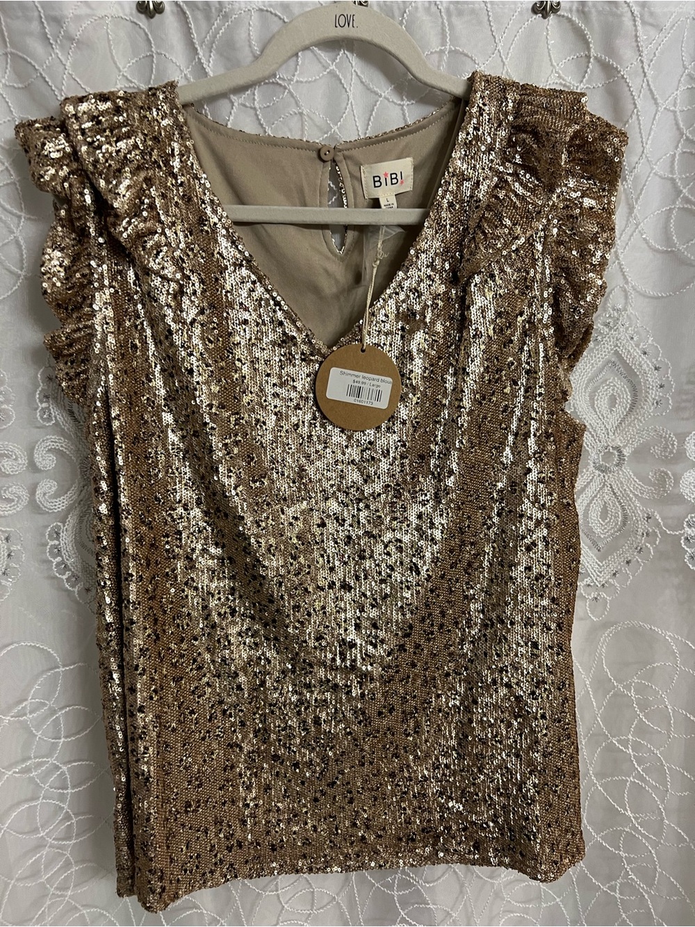BiBi Ladies Simmer Leopard Top Gold Sequin Ruffle Sleeve V-Neck Top